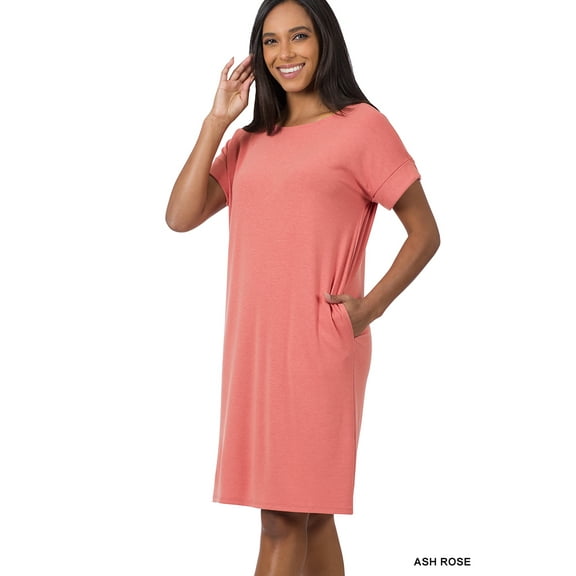 Women & Plus Round Neck Rolled Sleeve Knee Length Tunic Shirt Dress with Pockets