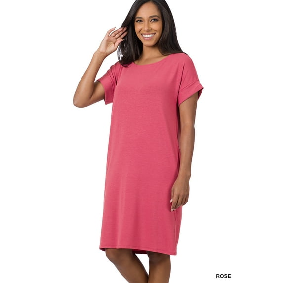 Women & Plus Round Neck Rolled Sleeve Knee Length Tunic Shirt Dress with Pockets
