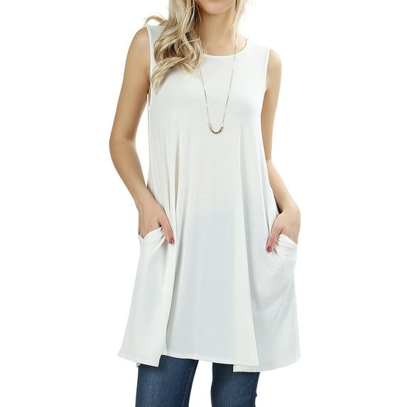 Women & Plus Round Neck Sleeveless Flowy Tunic Top with Side Pockets (Ivory, M)