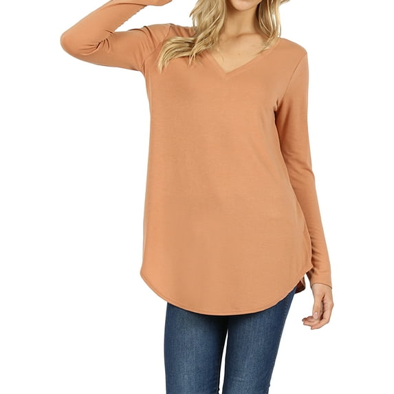 Women & Plus(S-3X) Relaxed Fit Long Sleeve V-Neck Round Hem Jersey Tee Shirt Top (Single & Multi-Packs Available)