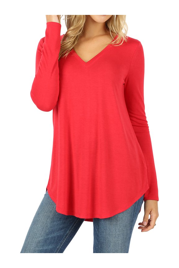Women & Plus(S-3X) Relaxed Fit Long Sleeve V-Neck Round Hem Jersey Tee Shirt Top (Single & Multi-Packs Available)