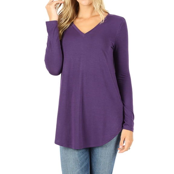 Women & Plus(S-3X) Relaxed Fit Long Sleeve V-Neck Round Hem Jersey Tee Shirt Top (Single & Multi-Packs Available)