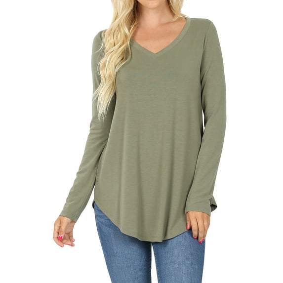 Women & Plus(S-3X) Relaxed Fit Long Sleeve V-Neck Round Hem Jersey Tee Shirt Top (Single & Multi-Packs Available)