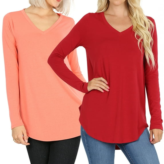 Women & Plus(S-3X) Relaxed Fit Long Sleeve V-Neck Round Hem Jersey Tee Shirt Top (Single & Multi-Packs Available)
