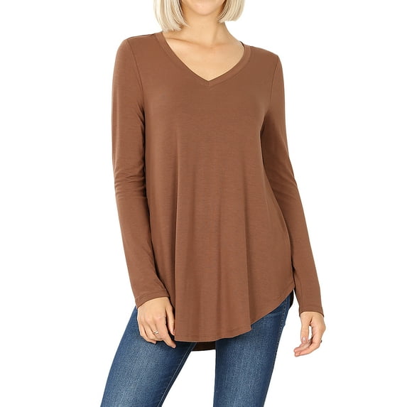 Women & Plus(S-3X) Relaxed Fit Long Sleeve V-Neck Round Hem Jersey Tee Shirt Top (Single & Multi-Packs Available)