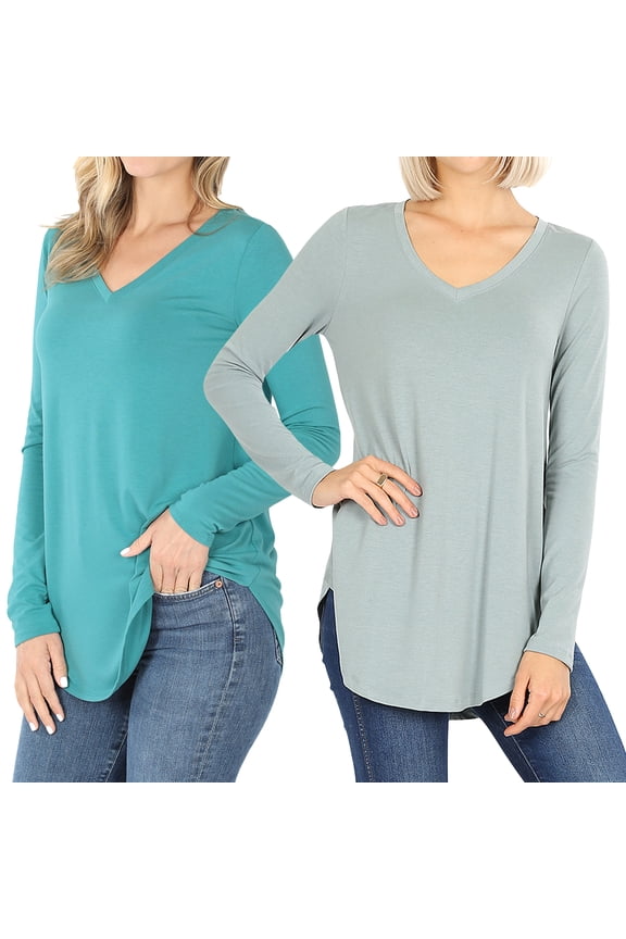 Women & Plus(S-3X) Relaxed Fit Long Sleeve V-Neck Round Hem Jersey Tee Shirt Top (Single & Multi-Packs Available)