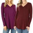 thumbnail image 1 of Women & Plus(S-3X) Relaxed Fit Long Sleeve V-Neck Round Hem Jersey Tee Shirt Top (Single & Multi-Packs Available), 1 of 5