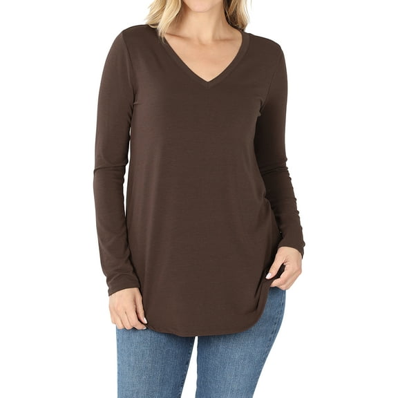 Women & Plus(S-3X) Relaxed Fit Long Sleeve V-Neck Round Hem Jersey Tee Shirt Top (Single & Multi-Packs Available)
