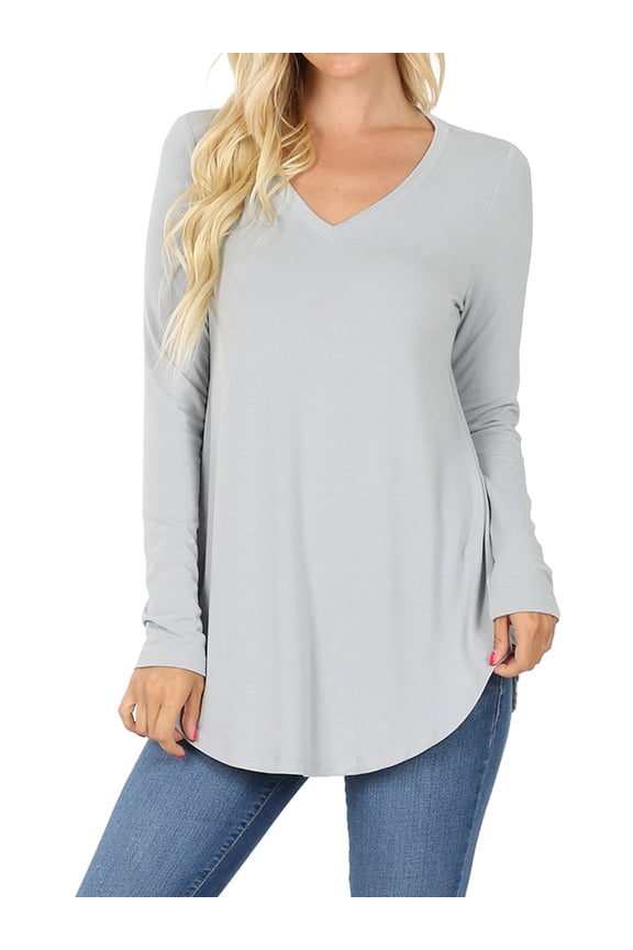 Women & Plus(S-3X) Relaxed Fit Long Sleeve V-Neck Round Hem Jersey Tee Shirt Top (Single & Multi-Packs Available)