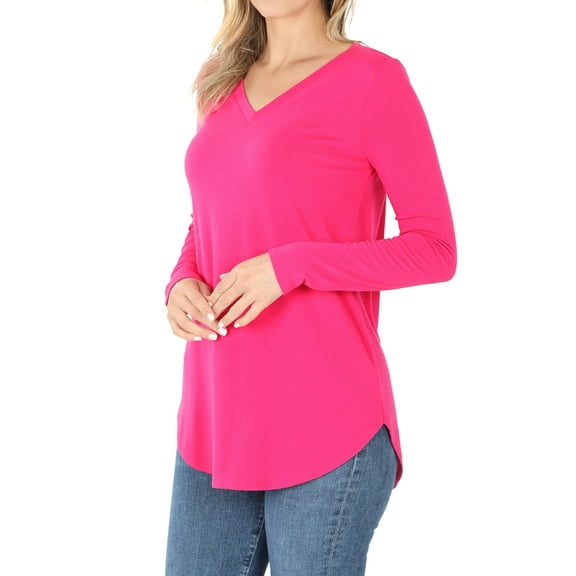 Women & Plus(S-3X) Relaxed Fit Long Sleeve V-Neck Round Hem Jersey Tee Shirt Top (Single & Multi-Packs Available)