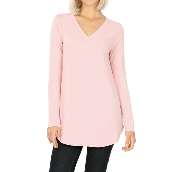 Women & Plus(S-3X) Relaxed Fit Long Sleeve V-Neck Round Hem Jersey Tee Shirt Top (Single & Multi-Packs Available)