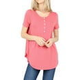 thumbnail image 1 of Women & Plus Short Sleeve Dolphin Hem Relaxed Fit Henley Tee Shirt Top, 1 of 3