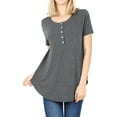 thumbnail image 1 of Women & Plus Short Sleeve Dolphin Hem Relaxed Fit Henley Tee Shirt Top, 1 of 3