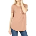 thumbnail image 1 of Women & Plus Short Sleeve Dolphin Hem Relaxed Fit Henley Tee Shirt Top, 1 of 3