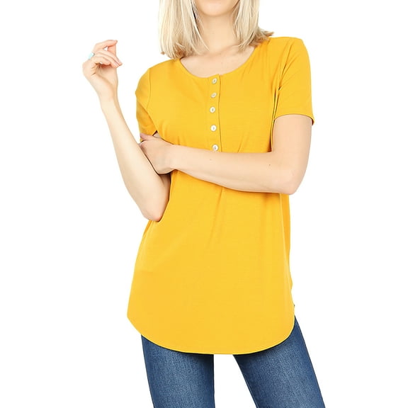 Women & Plus Short Sleeve Dolphin Hem Relaxed Fit Henley Tee Shirt Top