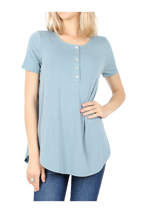 Women & Plus Short Sleeve Dolphin Hem Relaxed Fit Henley Tee Shirt Top