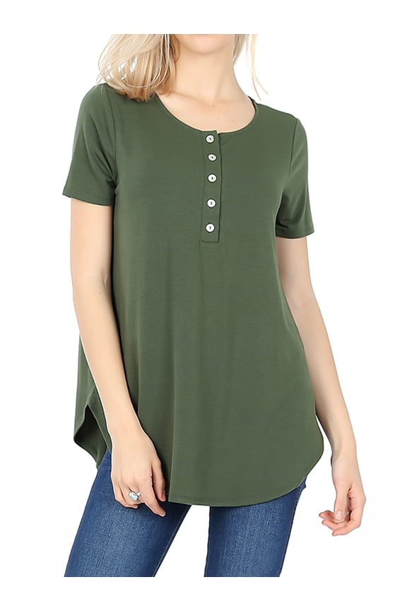 Women & Plus Short Sleeve Dolphin Hem Relaxed Fit Henley Tee Shirt Top