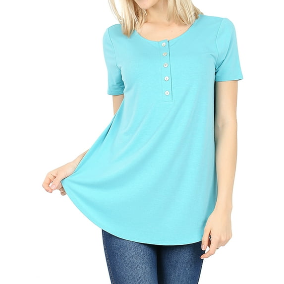 Women & Plus Short Sleeve Dolphin Hem Relaxed Fit Henley Tee Shirt Top