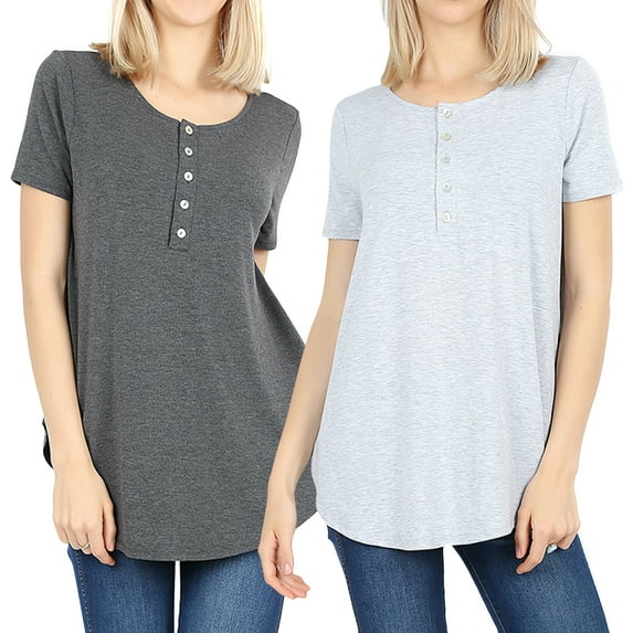 Women & Plus Short Sleeve Dolphin Hem Relaxed Fit Henley Tee Shirt Top