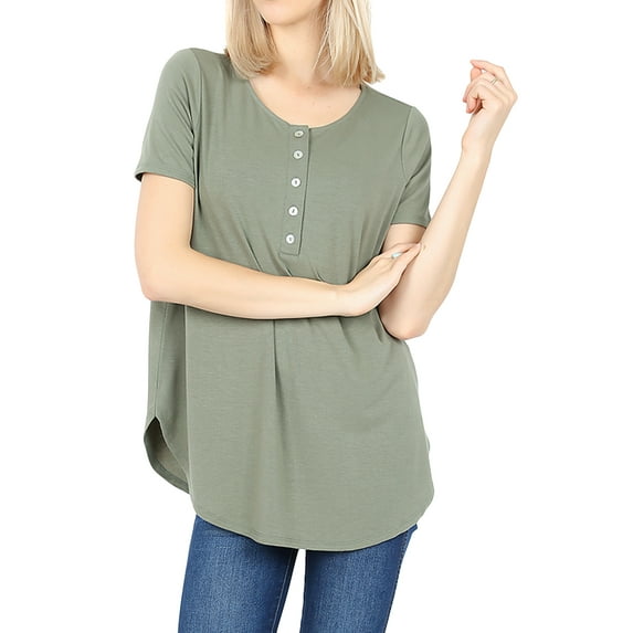 Women & Plus Short Sleeve Dolphin Hem Relaxed Fit Henley Tee Shirt Top