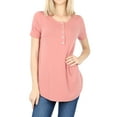 thumbnail image 1 of Women & Plus Short Sleeve Dolphin Hem Relaxed Fit Henley Tee Shirt Top, 1 of 3