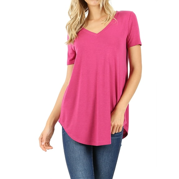 Women & Plus Short Sleeve V Neck Round Hem Relaxed Fit Casual Tee Shirt Top