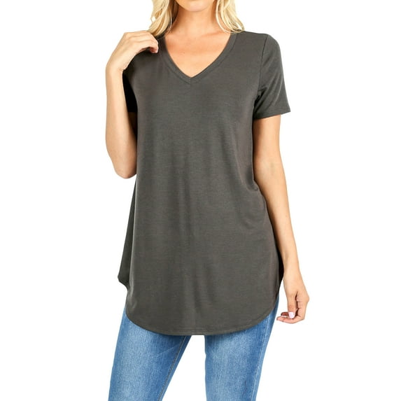 Women & Plus Short Sleeve V Neck Round Hem Relaxed Fit Casual Tee Shirt Top