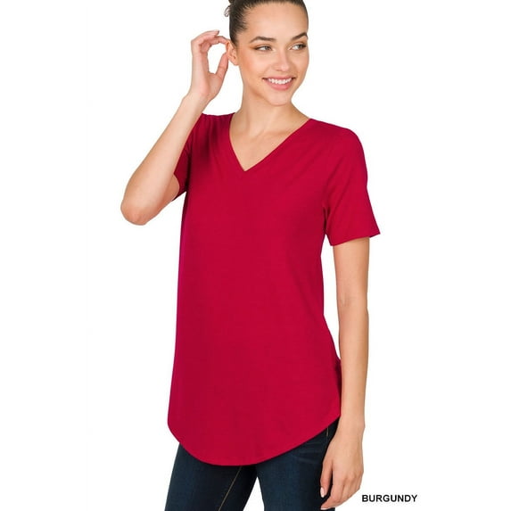 Women & Plus Short Sleeve V Neck Round Hem Relaxed Fit Casual Tee Shirt Top