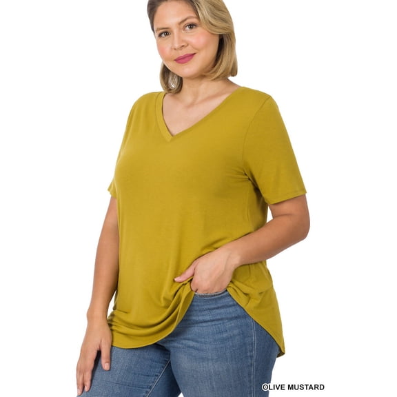 Women & Plus Short Sleeve V Neck Round Hem Relaxed Fit Casual Tee Shirt Top
