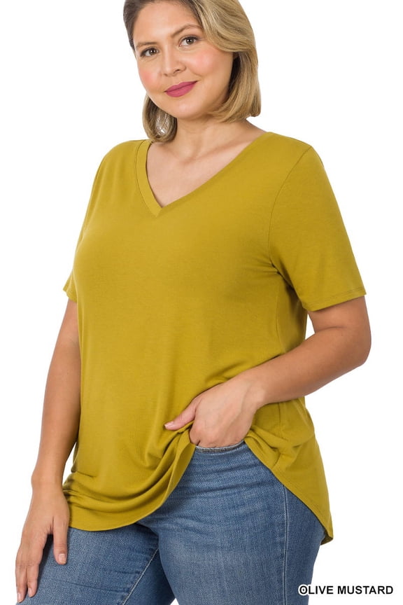 Women & Plus Short Sleeve V Neck Round Hem Relaxed Fit Casual Tee Shirt Top