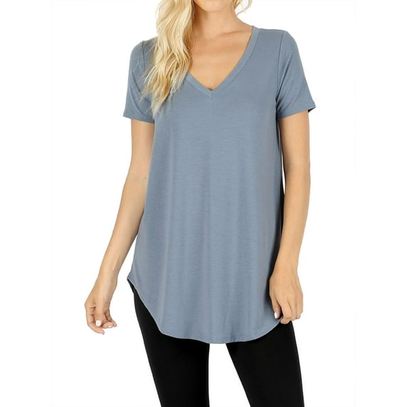 Women & Plus Short Sleeve V Neck Round Hem Relaxed Fit Casual Tee Shirt Top