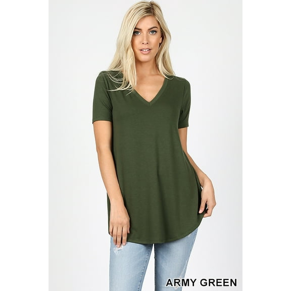 Women & Plus Short Sleeve V Neck Round Hem Relaxed Fit Casual Tee Shirt Top