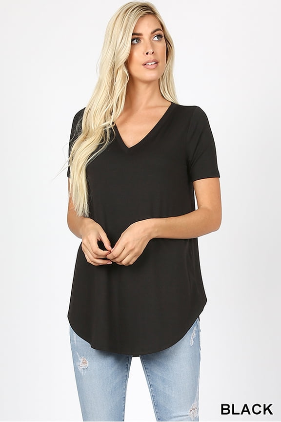 Women & Plus Short Sleeve V Neck Round Hem Relaxed Fit Casual Tee Shirt Top