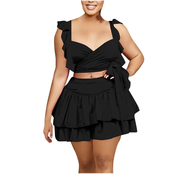 Women Plus Size 2 Piece Solid Ruffle Matching Skirt Set, Spaghetti Strap Wrap Tie Crop Top Elastic Waist Double Layer Ruffle Mini Skirt Summer Beach Club Casual Tracksuit Black XXL(XXL)