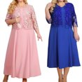 thumbnail image 1 of Women Plus Size 2 Piece formal Dress Outfit Set, 3/4 Sleeve Lace Shrug Cardigan Solid V Neck Midi Flowy Dress Wedding Guest Evening Party Matching Outfit Pink 1XL, 1 of 8