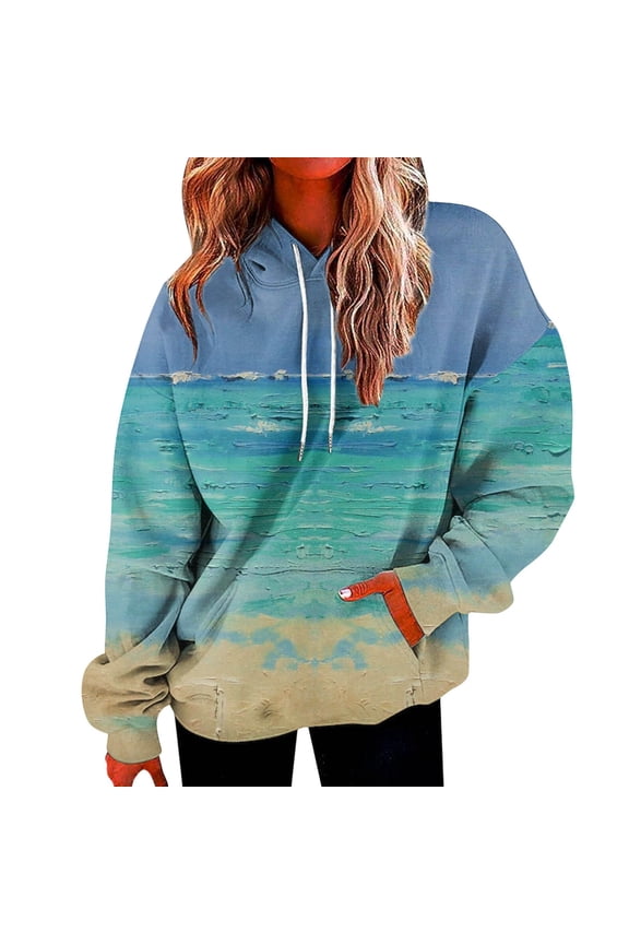 Women Plus Size Aztec Print Hoodie Long Sleeve Drawstring Pullover Loose Fit Sweatshirt Outerwear with Pockets Light Blue