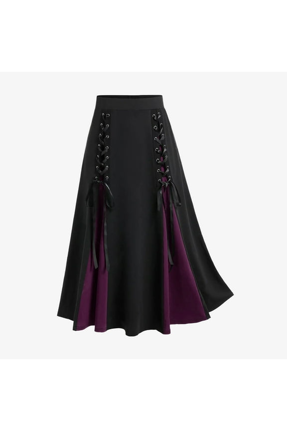 Women Plus Size Bandage Patchwork High Waist Midi Skirt Gothic Pleated SkirtHalloween gift on Clearance