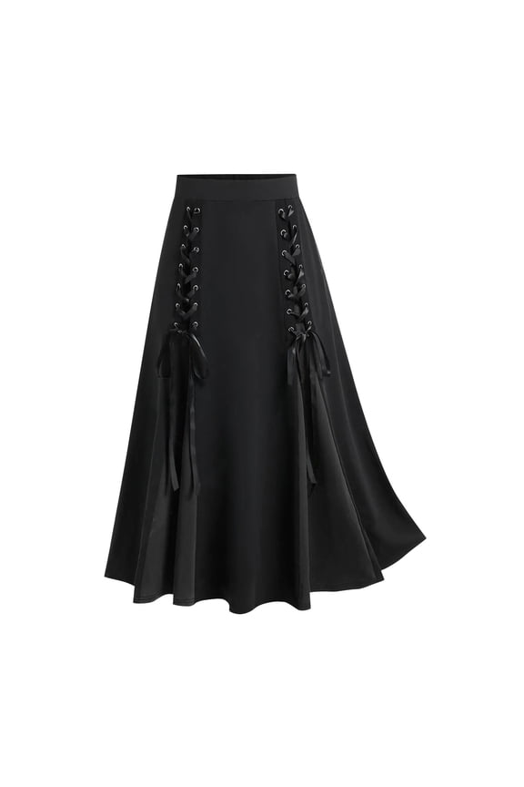 Women Plus Size Bandage Patchwork High Waist Midi Skirt Gothic Pleated Skirt