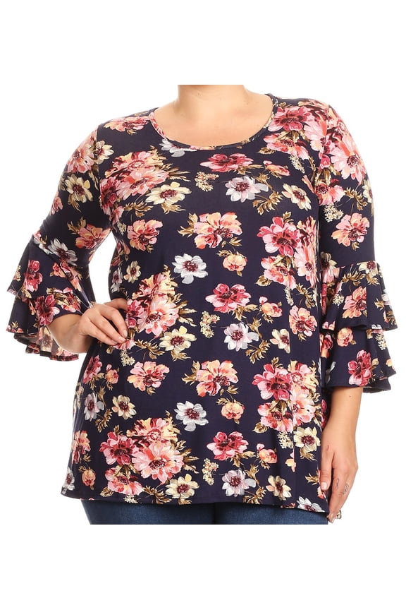 Women Plus Size Bell Sleeves Floral Print Relaxed Fit Knit Top Tee Shirt USA Navy XL B533 FLO
