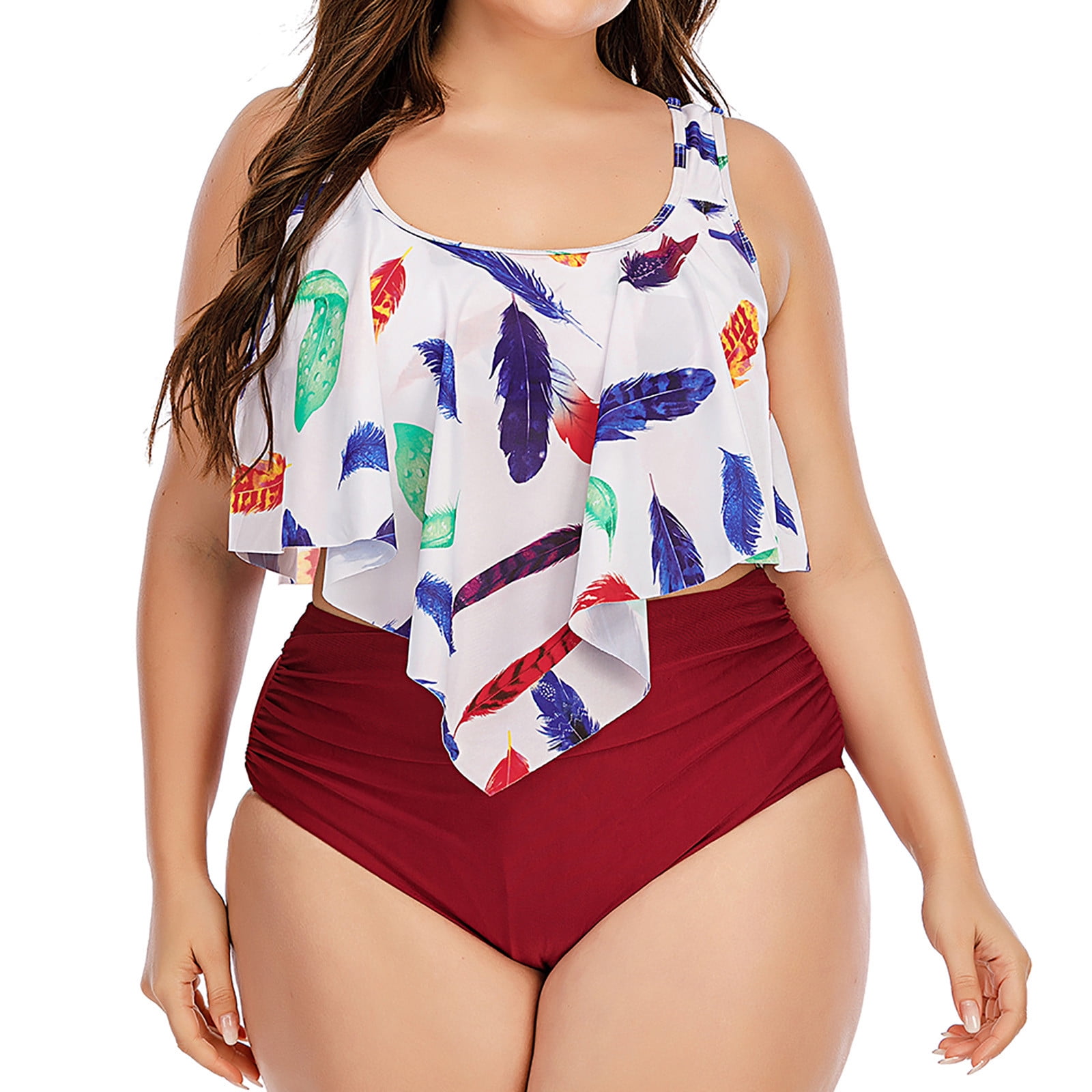 Women Plus Size Bikini Set 2 Piece Sexy Swimwear High Waisted Swimsuit Ruffled Cold Shoulder Bathing Suit Walmart