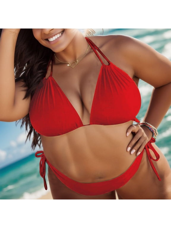 Women Plus Size Bikini Set Two Piece Triangle Swimsuits Halter String Tie Back with Side Tie Bottoms Bathing Suit Tie Swimwear(Red,XXL)
