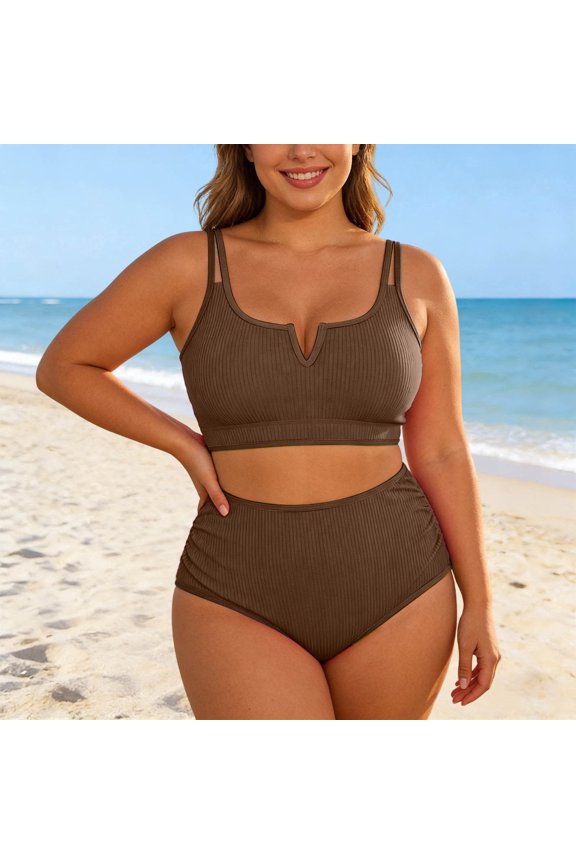 Women Plus Size Bikinis Set With Briefs Plus Size Two Piece Swimsuit Bikini With And Adjustable Straits For Full Figure Coffee 2XL