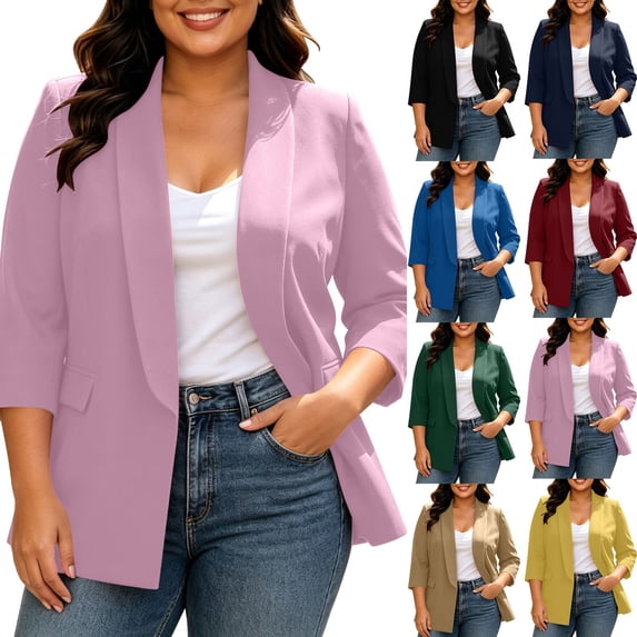 Women Plus Size Blazer Lapel Open Front 3/4 Sleeve Cardigan Business Casual Solid Color Office Work Wear (XL, Purple)