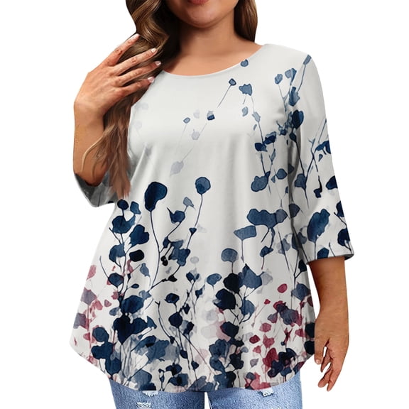 Women Plus Size Blouses Summer Crewneck 4x-5x Tops Casual 3/4 Sleeve Tee Floral Printed Loose Shirt