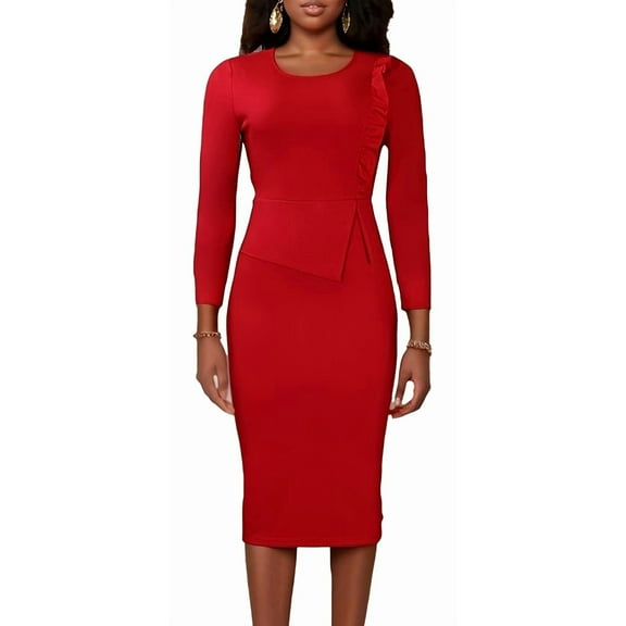 Women Plus Size Bodycon Stretchy Ruched Basic Midi Work Office Midi Pencil Dress