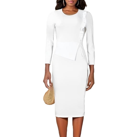 Women Plus Size Bodycon Stretchy Ruched Basic Midi Work Office Midi Pencil Dress