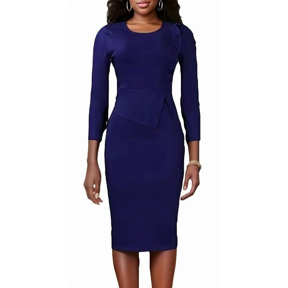 Women Plus Size Bodycon Stretchy Ruched Basic Midi Work Office Midi Pencil Dress