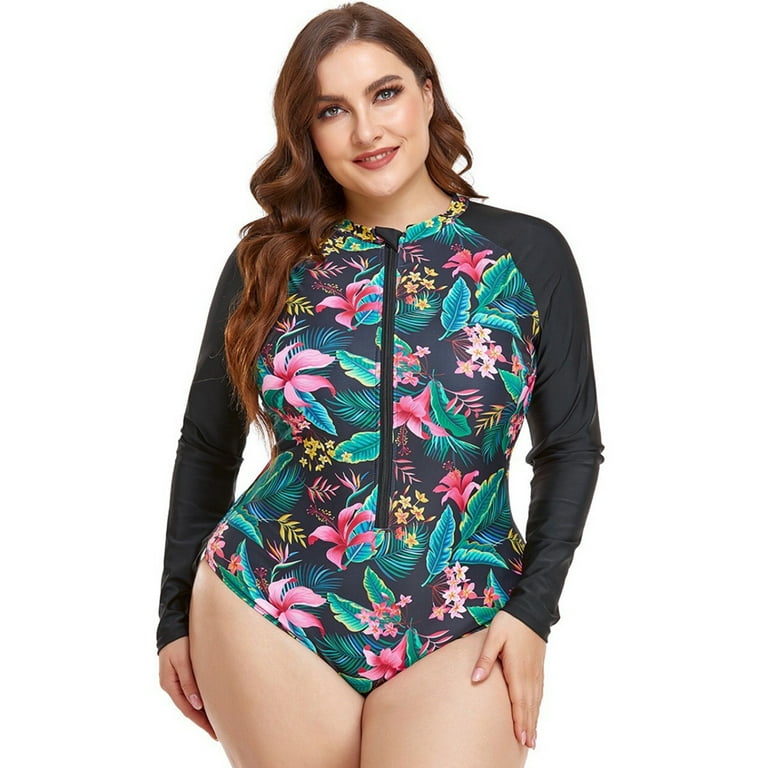 Women Plus Size Boho UPF 50+ Rash Guard Long Sleeve One Piece