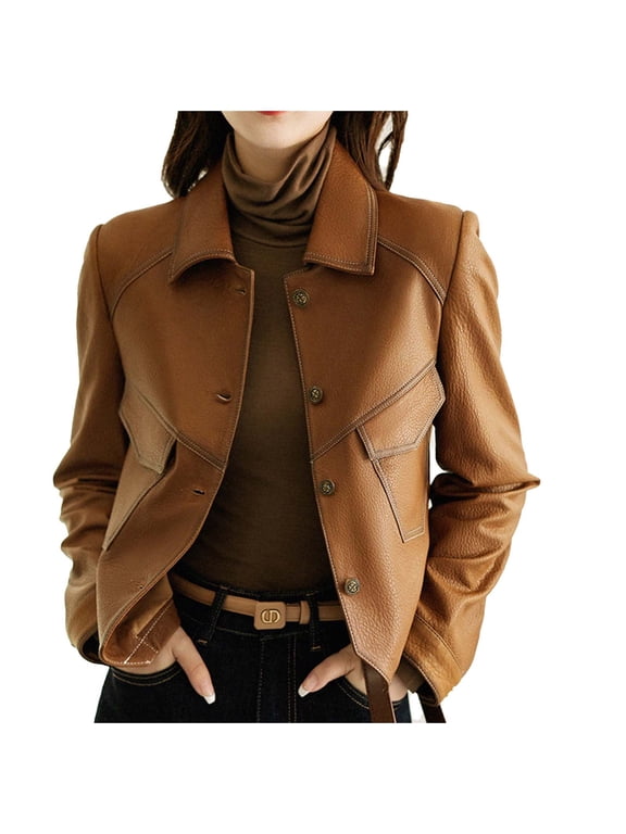 Women Plus Size Bomber Jacket Casual Faux Leather Button Down Jackets Collared Fall Trendy Coat with Pockets Brown XL