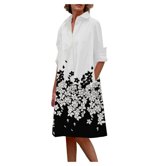 Women Plus Size Button Down Shirt Dress Graphic Casual Fashion Long Sleeve Pocket Collar Knee Length Loose Dress (X-Large, White)